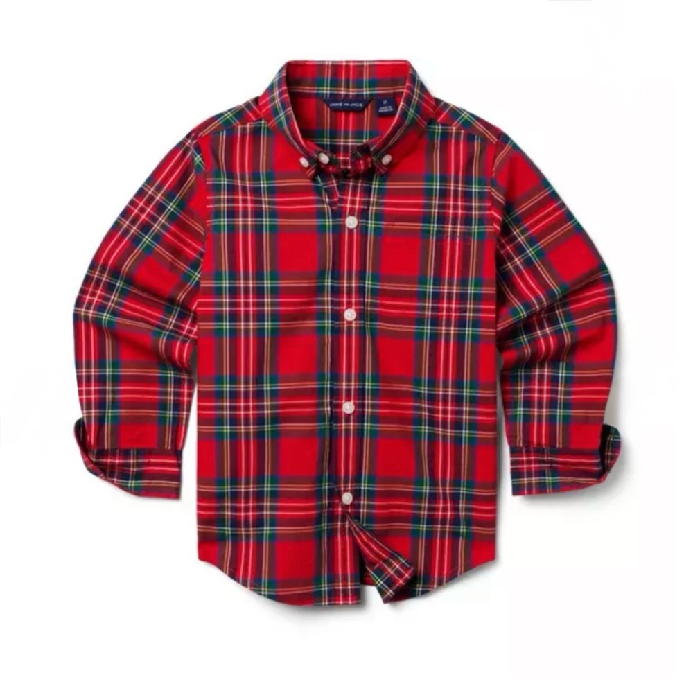 Janie & Jack Green & Red Plaid Cotton Tartan Button Down Poplin Shirt Toddler 3T